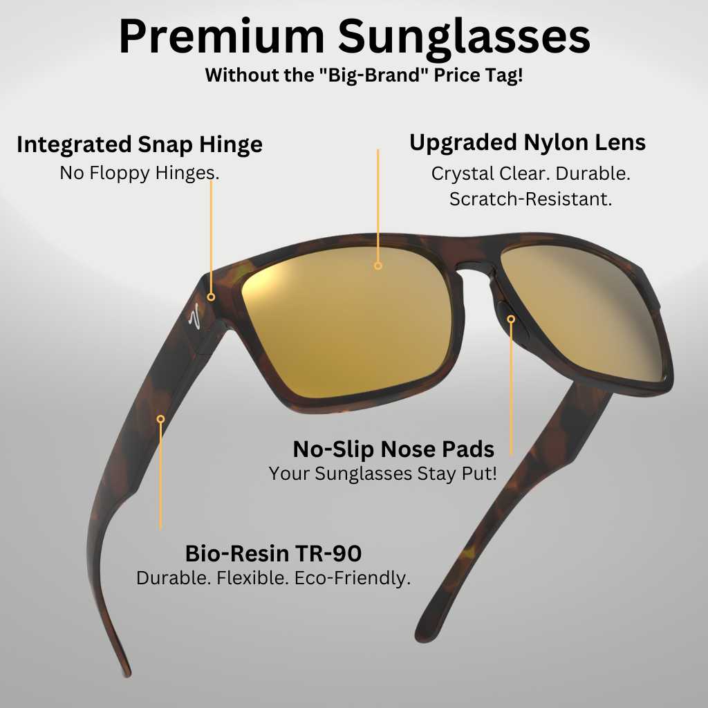 Premium sunglasses by valley rays offer ray ban quality at a fraction of the price, with snap hinges, nylon lenses, no slip pads and a durable yet eco friendly frame.