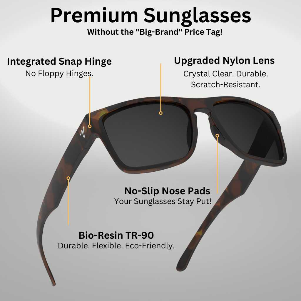Premium sunglasses by valley rays offer ray ban quality at a fraction of the price, with snap hinges, nylon lenses, no slip pads and a durable yet eco friendly frame.