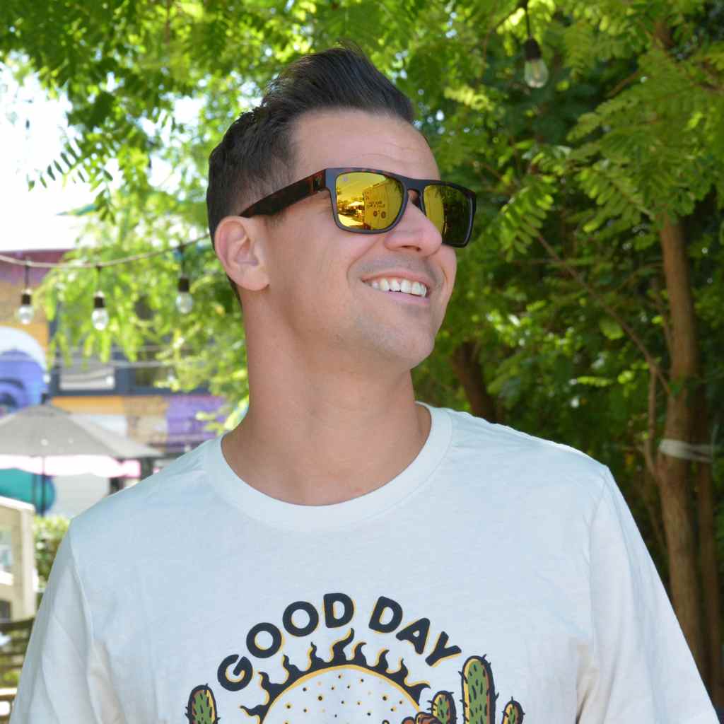 In Phoenix Arizona a man wears polarized sunglasses for men and women 