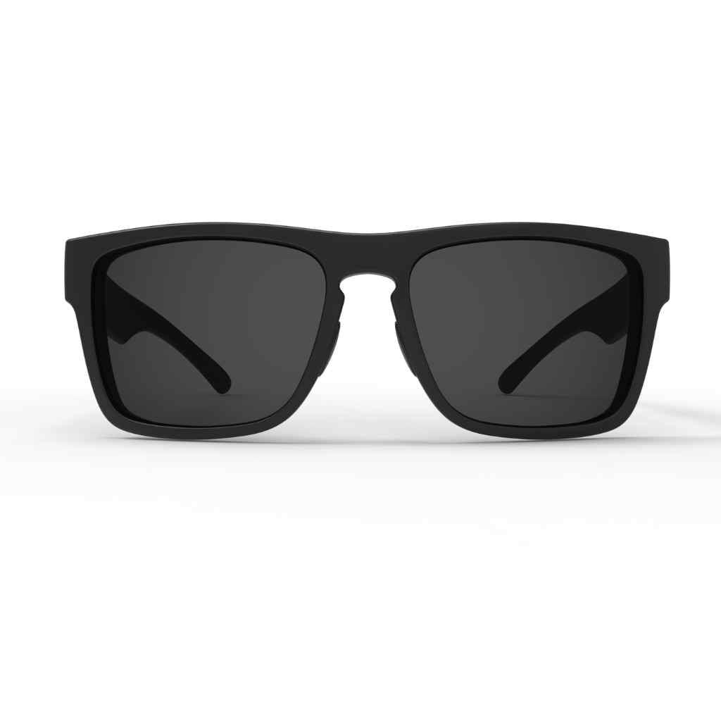 Front view of Popular 2023 Matte black sunglasses with grey lens Features top quality 2mm nylon lens with great clarity, durability and scratch resistance for eye protection And best in industry bio resin TR90 frame with v logo