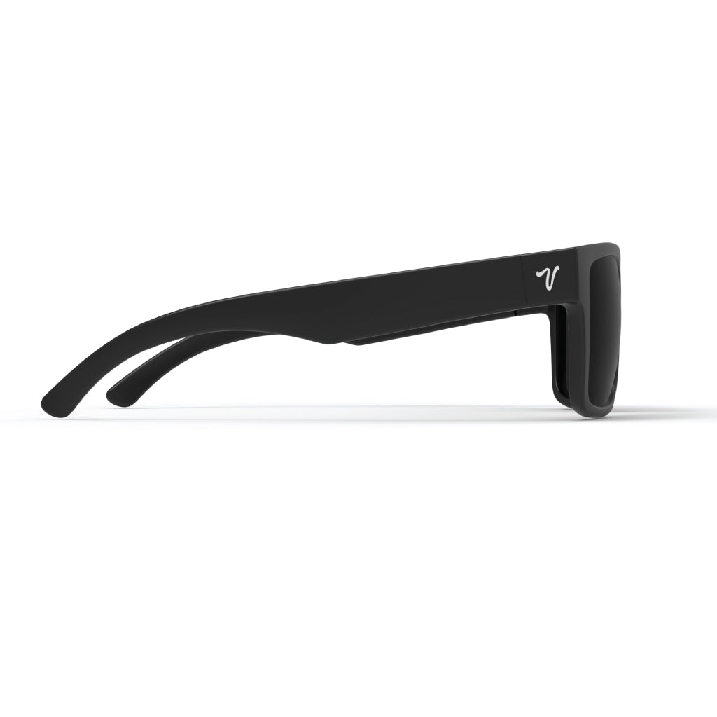 side view of Popular 2023 Matte black sunglasses with grey lens Features top quality 2mm nylon lens with great clarity, durability and scratch resistance for eye protection And best in industry bio resin TR90 frame with v logo