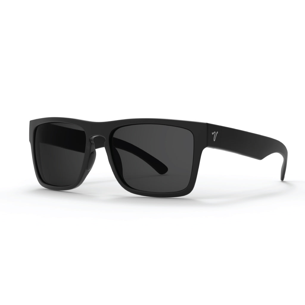 Side view of Popular 2023 Matte black sunglasses with grey lens Features top quality 2mm nylon lens with great clarity, durability and scratch resistance for eye protection And best in industry bio resin TR90 frame with v logo